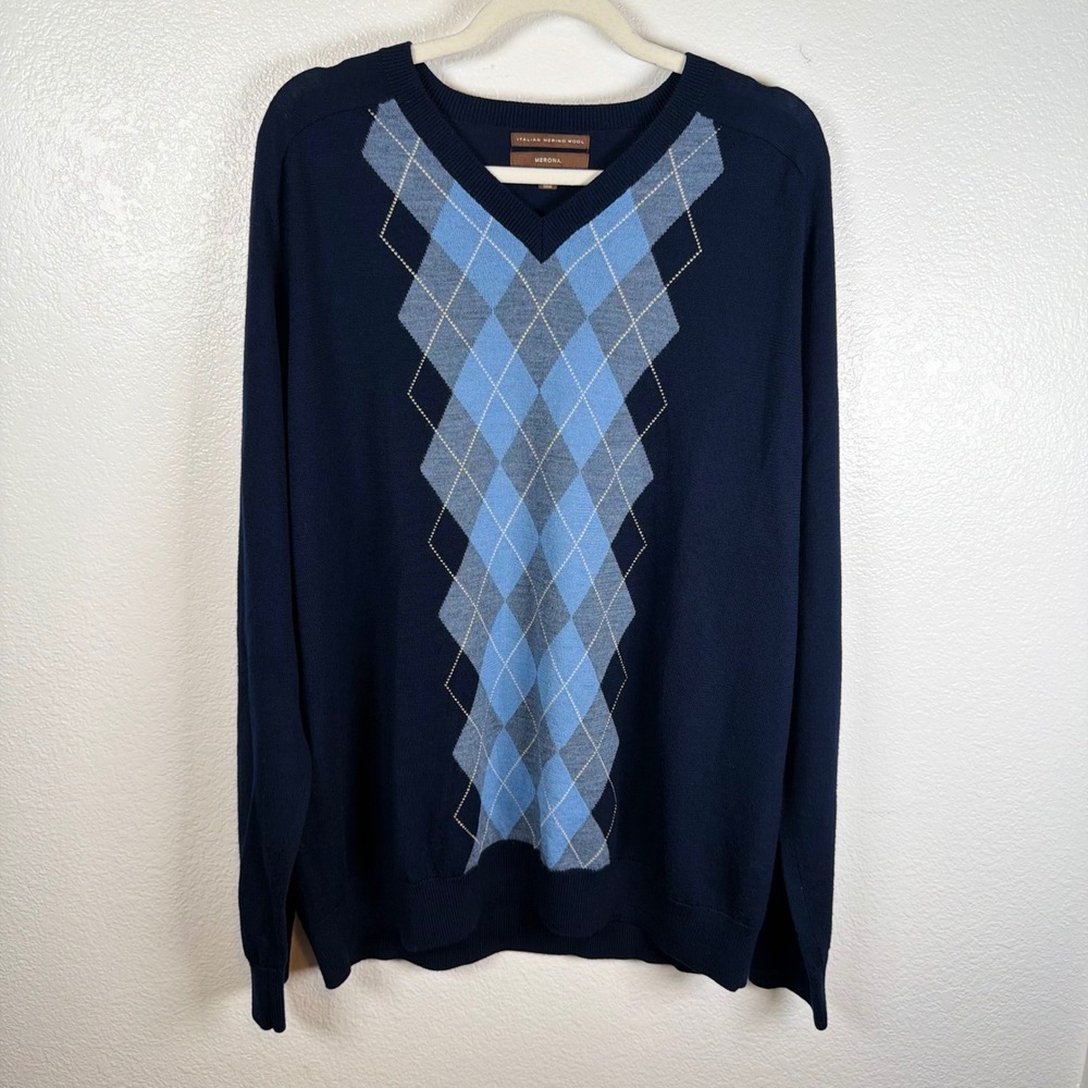 Merona Mens XXL Navy Blue Argyle V-Neck 100% Italian Merino Wool Sweater Preppy